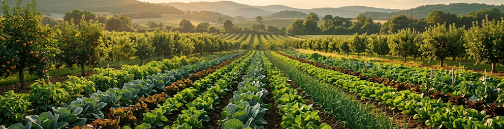 Sítio ao entardecer com hortaliças e frutas